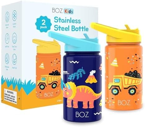 BOZ Isolierte Wasserflasche für Kinder | Edelstahl, doppelwandig, 414 ml | Praktisch und bequem mit Strohhalm-Deckel