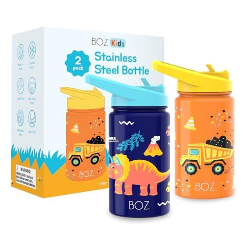 BOZ Isolierte Wasserflasche für Kinder | Edelstahl, doppelwandig, 414 ml | Praktisch und bequem mit Strohhalm-Deckel