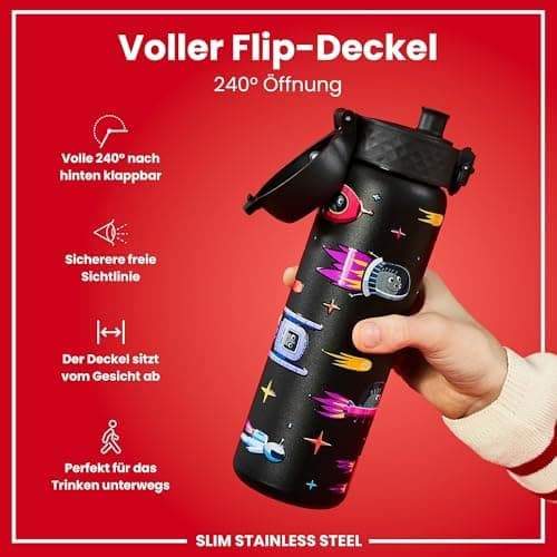 ion8 Leicht Stahl-Trinkflasche, 600 ml, Auslaufsicher, EineHandöffnung, Verriegelungsfunktion, Spülmaschinenfest, Klappd