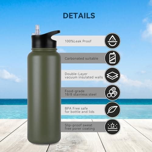 Edelstahl Trinkflasche - 1L - mit Strohhalm, BPA frei Thermosflasche,Vakuum Doppelwandisolierung für Sport,Schule und Fa