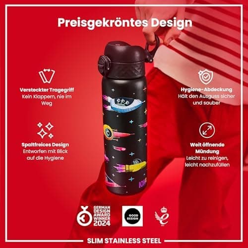 ion8 Leicht Stahl-Trinkflasche, 600 ml, Auslaufsicher, EineHandöffnung, Verriegelungsfunktion, Spülmaschinenfest, Klappd