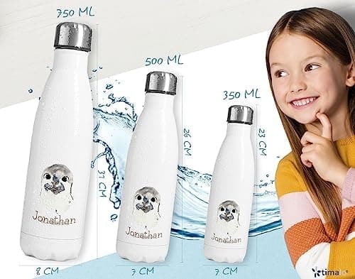 Timalo® personalisiert Thermosflasche für Tiere 500mL Wasserflasche Kinder Mädchen Jungen auslaufsichere Edelstahl Robbe