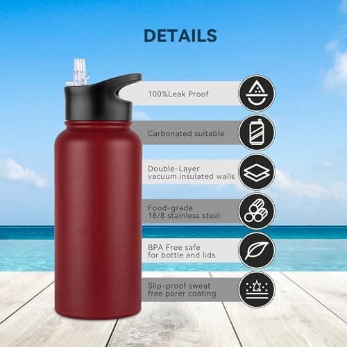 Edelstahl Trinkflasche - 1L - mit Strohhalm, BPA frei Thermosflasche,Vakuum Doppelwandisolierung für Sport,Schule und Fa
