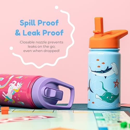BOZ Isolierte Wasserflasche für Kinder | Edelstahl, doppelwandig, 414 ml | Praktisch und bequem mit Strohhalm-Deckel