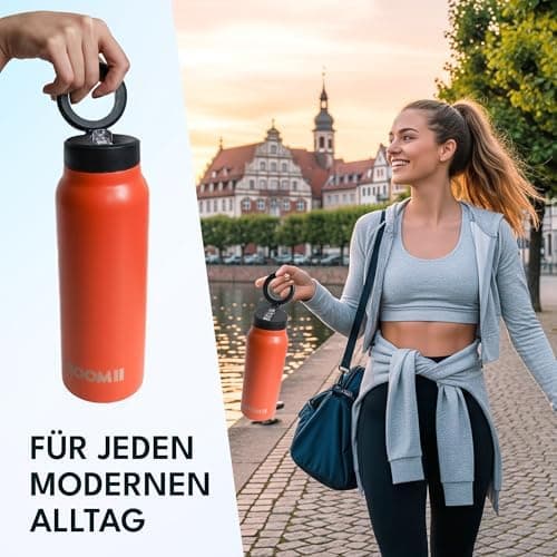 NooMii Edelstahl Trinkflasche – 800ml Wasserflasche mit magnetischem Deckel & Strohhalm - Ideal für Büro & Sport (Schwar