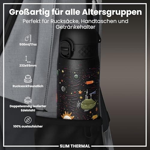 ion8 Leicht Stahl-Trinkflasche, 600 ml, Auslaufsicher, EineHandöffnung, Verriegelungsfunktion, Spülmaschinenfest, Klappd