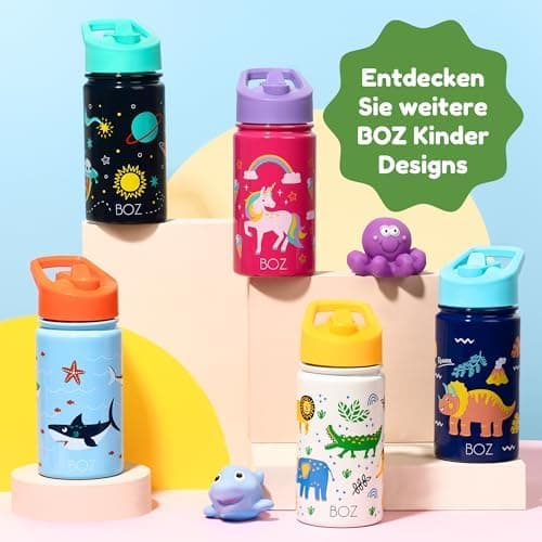 BOZ Isolierte Wasserflasche für Kinder | Edelstahl, doppelwandig, 414 ml | Praktisch und bequem mit Strohhalm-Deckel