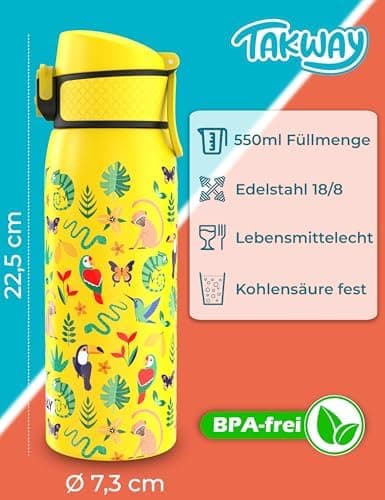 Edelstahl Trinkflasche Kinder 550ml - Auslaufsicher, isoliert und Kohlensäure geeignet - Schul- und Sportsituationensopt