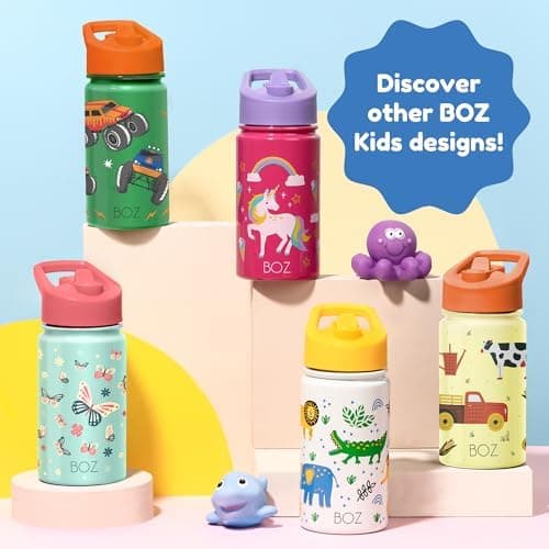 BOZ Isolierte Wasserflasche für Kinder | Edelstahl, doppelwandig, 414 ml | Praktisch und bequem mit Strohhalm-Deckel