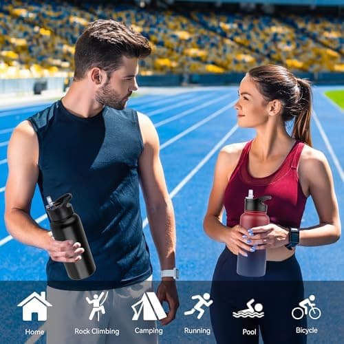 Edelstahl Trinkflasche - 1L - mit Strohhalm, BPA frei Thermosflasche,Vakuum Doppelwandisolierung für Sport,Schule und Fa