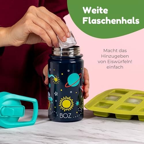 BOZ Isolierte Wasserflasche für Kinder | Edelstahl, doppelwandig, 414 ml | Praktisch und bequem mit Strohhalm-Deckel