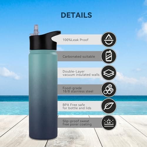 Edelstahl Trinkflasche - 1L - mit Strohhalm, BPA frei Thermosflasche,Vakuum Doppelwandisolierung für Sport,Schule und Fa