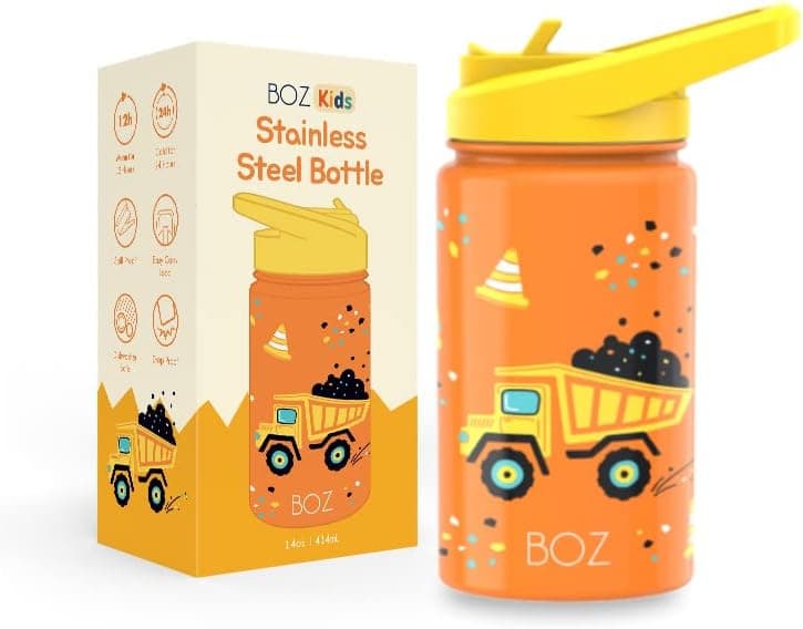 BOZ Isolierte Wasserflasche für Kinder | Edelstahl, doppelwandig, 414 ml | Praktisch und bequem mit Strohhalm-Deckel