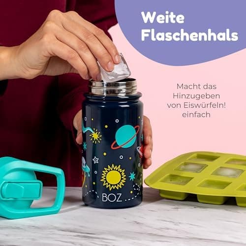BOZ Isolierte Wasserflasche für Kinder | Edelstahl, doppelwandig, 414 ml | Praktisch und bequem mit Strohhalm-Deckel
