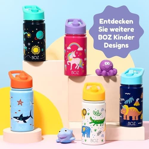 BOZ Isolierte Wasserflasche für Kinder | Edelstahl, doppelwandig, 414 ml | Praktisch und bequem mit Strohhalm-Deckel