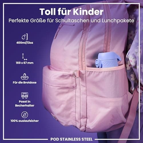 ion8 Kinder Trinkflasche Edelstahl 400ml Nicht Isoliert Sichere Verriegelung Spülmaschinenfest Klappdeckel Leicht zu Rei
