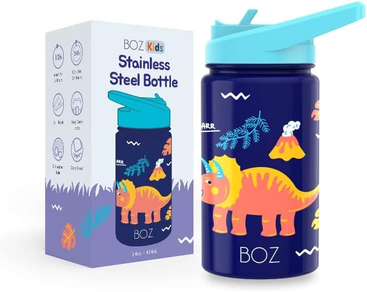 BOZ Isolierte Wasserflasche für Kinder | Edelstahl, doppelwandig, 414 ml | Praktisch und bequem mit Strohhalm-Deckel