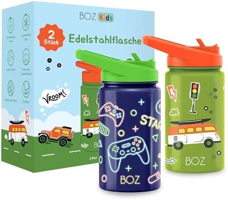BOZ Isolierte Wasserflasche für Kinder | Edelstahl, doppelwandig, 414 ml | Praktisch und bequem mit Strohhalm-Deckel