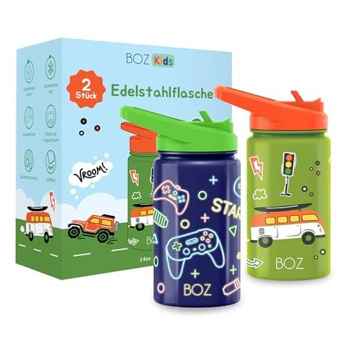 BOZ Isolierte Wasserflasche für Kinder | Edelstahl, doppelwandig, 414 ml | Praktisch und bequem mit Strohhalm-Deckel