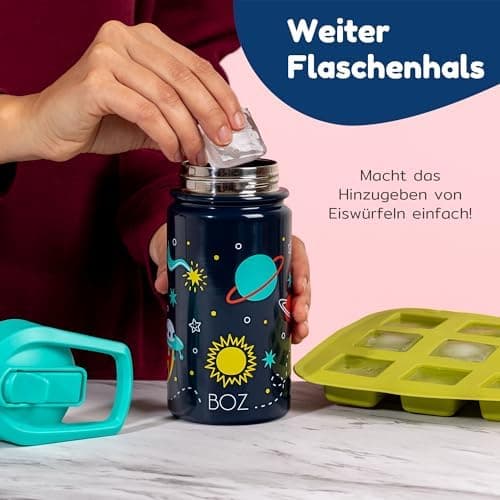 BOZ Isolierte Wasserflasche für Kinder | Edelstahl, doppelwandig, 414 ml | Praktisch und bequem mit Strohhalm-Deckel