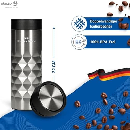 Thermobecher personalisiert 450 ml - auslaufsicherer Edelstahl to go Becher - Kaffeebecher für Büro, Auto und Uni - hält