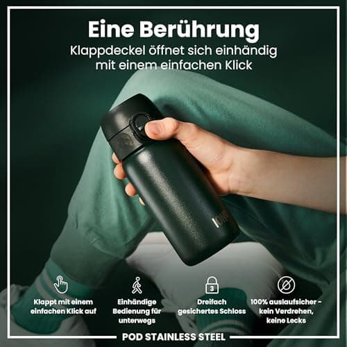 ion8 Kinder Trinkflasche Edelstahl 400ml Nicht Isoliert Sichere Verriegelung Spülmaschinenfest Klappdeckel Leicht zu Rei