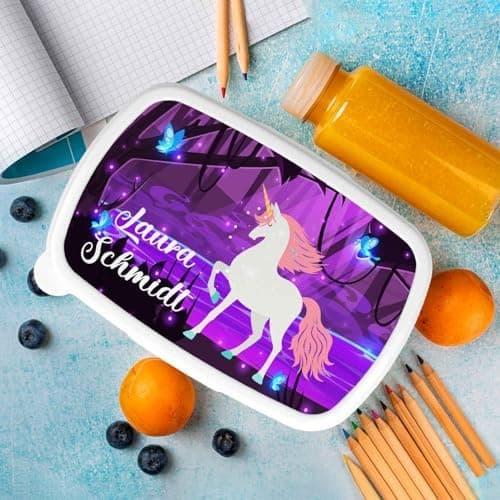 GRAVURZEILE Personalisiertes Magischer Wald Brotd Essbox für Kinder - Platzsparend stapelbar - Ideal für Schule & Kita -