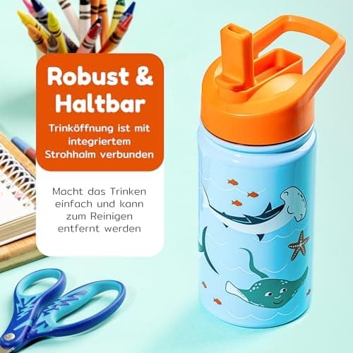 BOZ Isolierte Wasserflasche für Kinder | Edelstahl, doppelwandig, 414 ml | Praktisch und bequem mit Strohhalm-Deckel