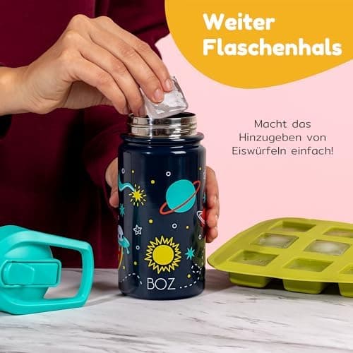 BOZ Isolierte Wasserflasche für Kinder | Edelstahl, doppelwandig, 414 ml | Praktisch und bequem mit Strohhalm-Deckel