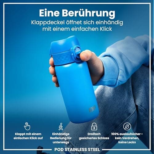 ion8 Kinder Trinkflasche Edelstahl 400ml Nicht Isoliert Sichere Verriegelung Spülmaschinenfest Klappdeckel Leicht zu Rei