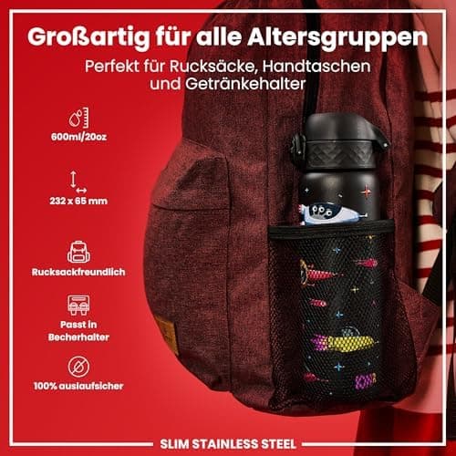 ion8 Leicht Stahl-Trinkflasche, 600 ml, Auslaufsicher, EineHandöffnung, Verriegelungsfunktion, Spülmaschinenfest, Klappd