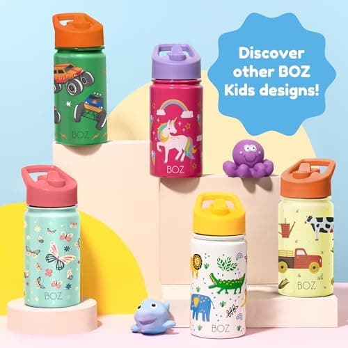 BOZ Isolierte Wasserflasche für Kinder | Edelstahl, doppelwandig, 414 ml | Praktisch und bequem mit Strohhalm-Deckel