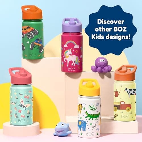 BOZ Isolierte Wasserflasche für Kinder | Edelstahl, doppelwandig, 414 ml | Praktisch und bequem mit Strohhalm-Deckel