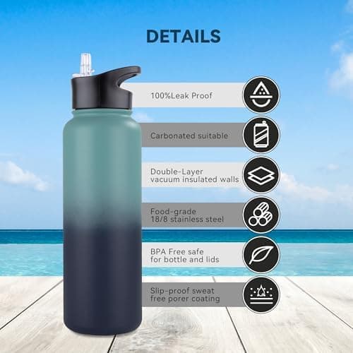 Edelstahl Trinkflasche - 1L - mit Strohhalm, BPA frei Thermosflasche,Vakuum Doppelwandisolierung für Sport,Schule und Fa