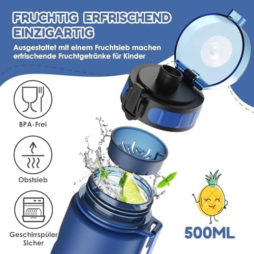 Luyiilo Kinder Trinkflasche Auslaufsicher für Schule und Fitnessstudio (500ml - Blau)