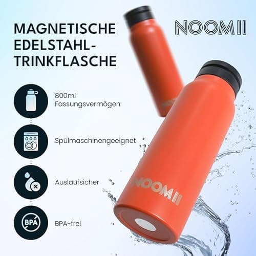 NooMii Edelstahl Trinkflasche – 800ml Wasserflasche mit magnetischem Deckel & Strohhalm - Ideal für Büro & Sport (Schwar