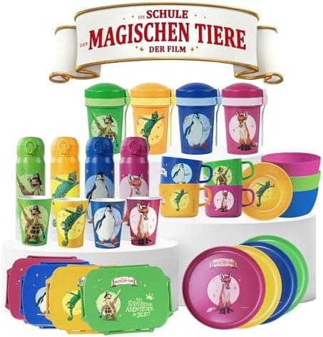 AWAVE Kinder Tasse Set | 4-teilig | 250 ml rPET Henkelbecher | Fuchs Rabbat Pinguin Juri Schildkröte Henrietta Chamäleon