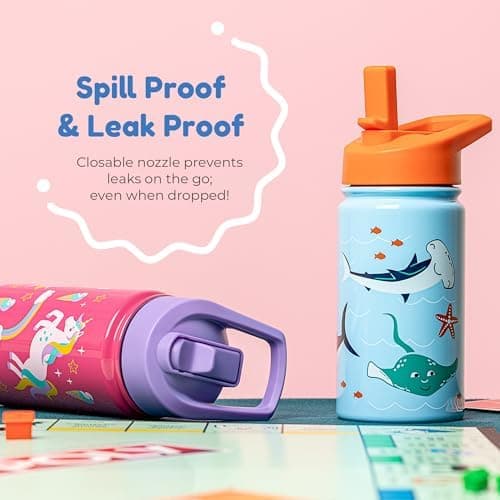 BOZ Isolierte Wasserflasche für Kinder | Edelstahl, doppelwandig, 414 ml | Praktisch und bequem mit Strohhalm-Deckel