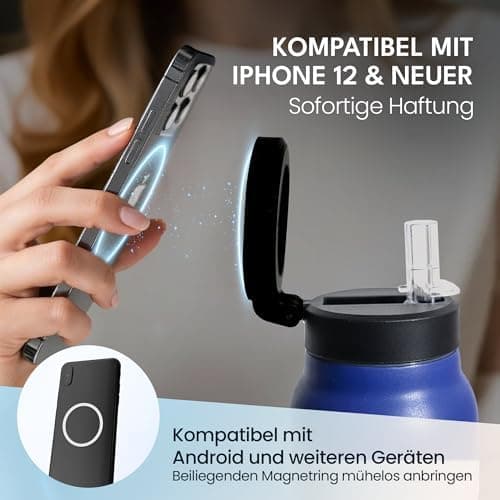 NooMii Edelstahl Trinkflasche – 800ml Wasserflasche mit magnetischem Deckel & Strohhalm - Ideal für Büro & Sport (Schwar
