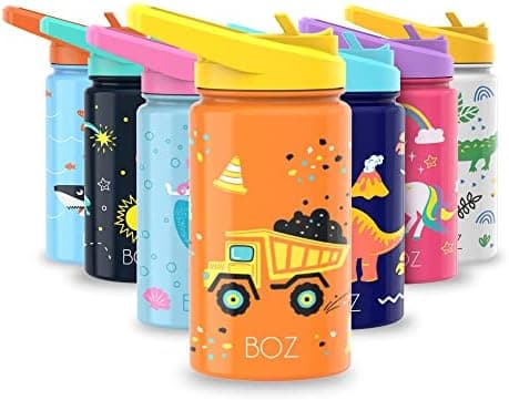 BOZ Isolierte Wasserflasche für Kinder | Edelstahl, doppelwandig, 414 ml | Praktisch und bequem mit Strohhalm-Deckel