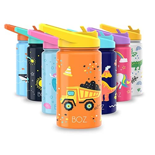 BOZ Isolierte Wasserflasche für Kinder | Edelstahl, doppelwandig, 414 ml | Praktisch und bequem mit Strohhalm-Deckel