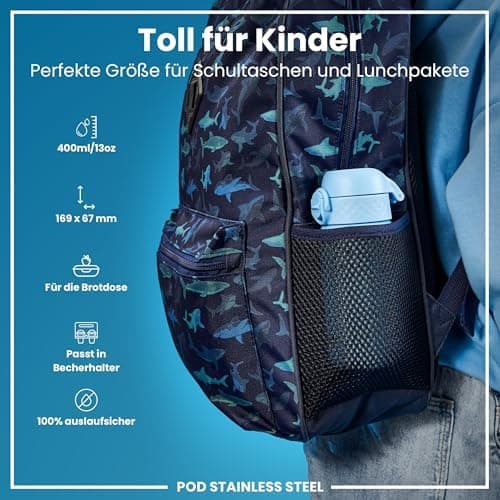 ion8 Kinder Trinkflasche Edelstahl 400ml Nicht Isoliert Sichere Verriegelung Spülmaschinenfest Klappdeckel Leicht zu Rei