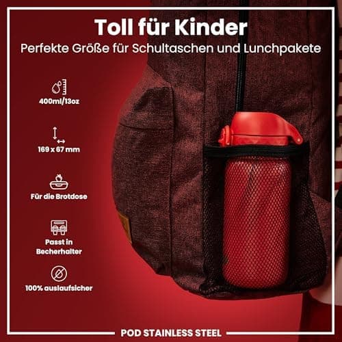 ion8 Kinder Trinkflasche Edelstahl 400ml Nicht Isoliert Sichere Verriegelung Spülmaschinenfest Klappdeckel Leicht zu Rei