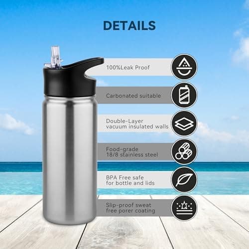 Edelstahl Trinkflasche - 1L - mit Strohhalm, BPA frei Thermosflasche,Vakuum Doppelwandisolierung für Sport,Schule und Fa