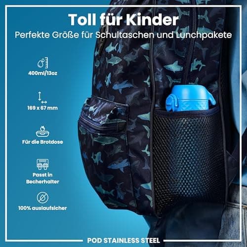 ion8 Kinder Trinkflasche Edelstahl 400ml Nicht Isoliert Sichere Verriegelung Spülmaschinenfest Klappdeckel Leicht zu Rei