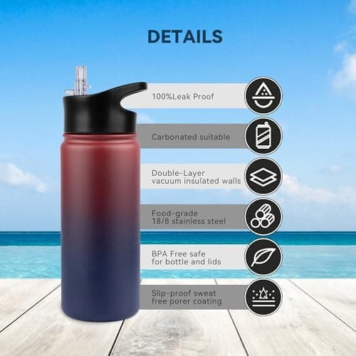 Edelstahl Trinkflasche - 1L - mit Strohhalm, BPA frei Thermosflasche,Vakuum Doppelwandisolierung für Sport,Schule und Fa