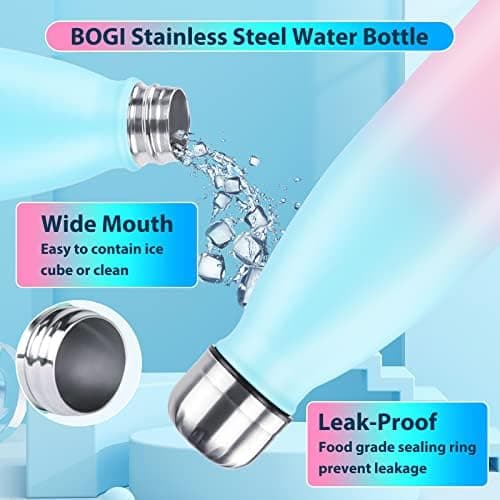 BOGI Doppelwandige Thermosflasche Edelstahl Trinkflasche Kinder Trinkflasche Schule Himmelblau Pink