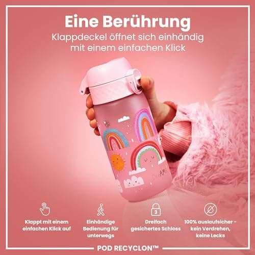 ION8 Kinder Trinkflasche Edelstahl Leicht 400ml Spülmaschinenfest Sichere Verriegelung
