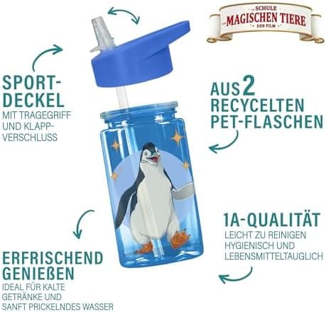 AWAVE Schule Magische Tiere Trinkflasche Kinder Edelstahl 380ml Blau Kohlensäure geeignet Thermosflasche Juri Einhandöff
