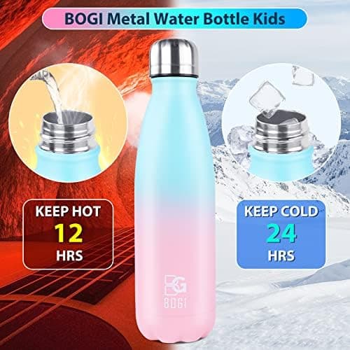 BOGI Doppelwandige Thermosflasche Edelstahl Trinkflasche Kinder Trinkflasche Schule Himmelblau Pink